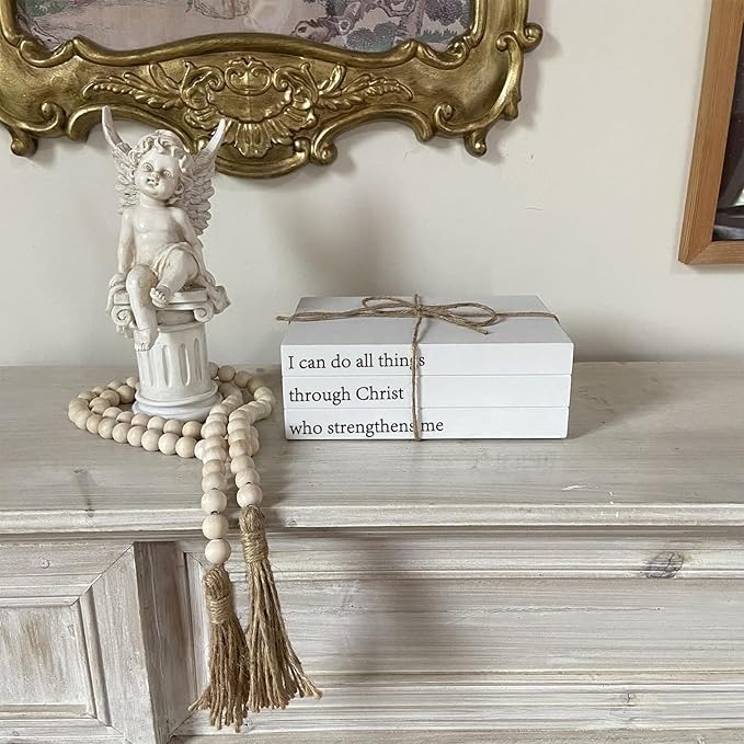 Decorative Books for Home Decor, White Faux Books for Decoration, Rustic Farmhouse Stacked Books with 52in Wood Bead Garland for Coffee Table Mantle Fireplace (I can do All Things Through Christ)