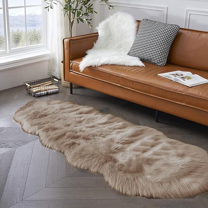 Latepis Runner Faux Fur Rug Camel Beige 2x6 Rugs Fluffy Furry Washable - Image 2