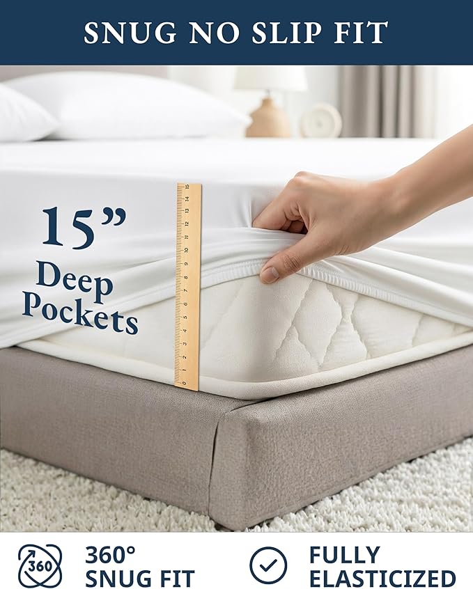 LANE LINEN Eco Friendly 100% Organic Cotton Queen Sheet Set, Soft & Comfy Fully Elasticized 15" Deep Pocket Bed Sheets, Low Pill Naturally Cooling Machine Wash Sábanas Queen- White Bed Sheets