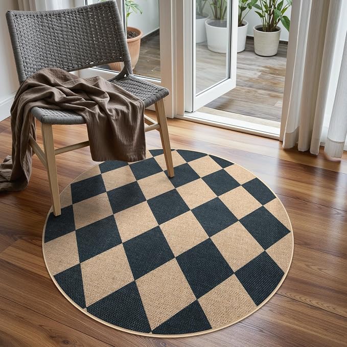 Lahome Checkered Easy Jute Round Rug 3ft, Outdoor Entryway Rug Washable | Black - Image 4