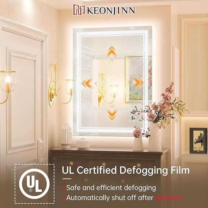 Keonjinn LED Bathroom Mirror 24" x 32" with Frontlit and Backlit, Stepless 3 Colors Temperature & Dimmable Vanity Mirror with Light, Double LED Strips, Tempered Glass Wall Mirror, UL Listed LED Driver