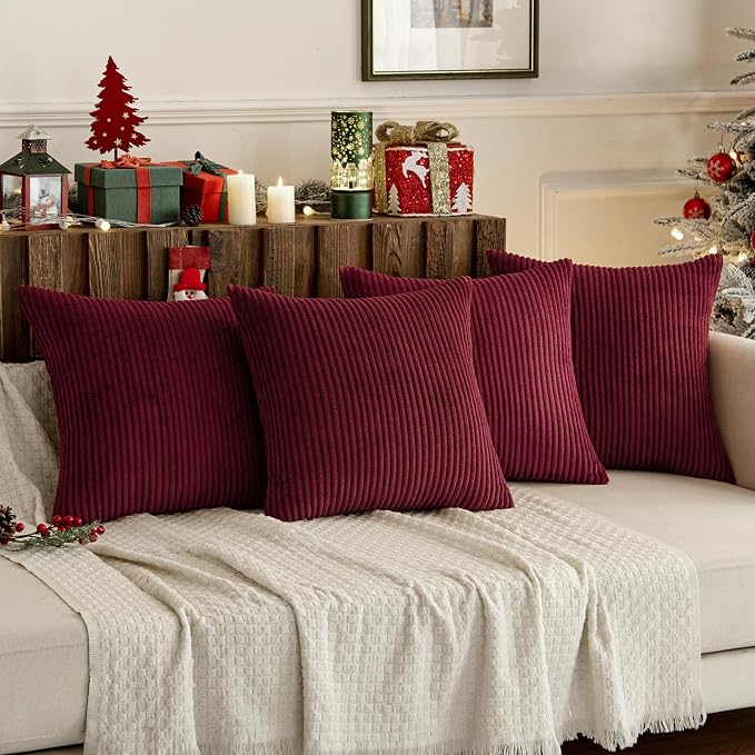 MIULEE Soft Corduroy Decorative Throw Pillow Covers Burgundy 18x18 | Set of 4 - Image 2