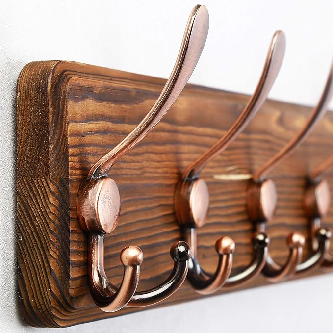 SKOLOO Coat Rack Wall Mounted - 38.6" Long, Wooden, Heavy Duty, Rustic Coat Hooks for Wall, Coat Rack with 10 Triple Hooks for Hanging Clothes, Jacket, Hat(Brown & Retro Red)
