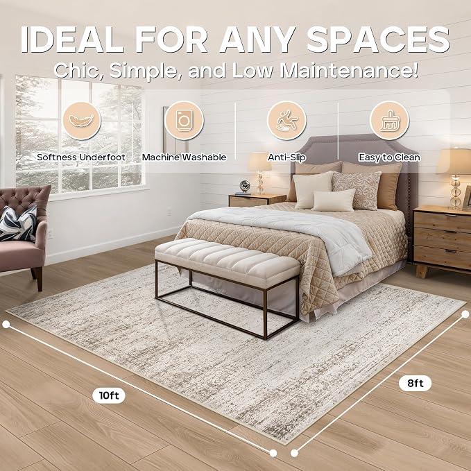 8x10 Area Rugs for Living Room Bedroom Dining Room Washable Beige Ivory | Soft - Image 2