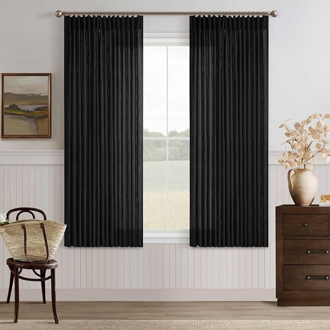 Black Pleated Linen Blend Semi Sheer Rustic Kitchen Curtains 63 Inch Long | by Twodrapes