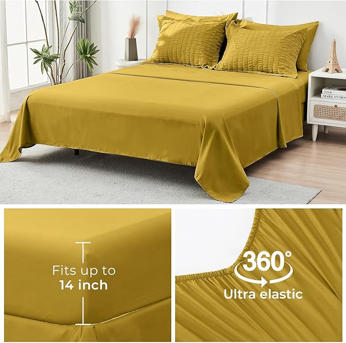 HYMOKEGE Mustard Yellow King Size Comforter Set Seersucker 7 Pieces, All Season Luxury Bed in a Bag for Bedroom, Bedding Set with Comforter, Sheets, Pillowcases & Shams