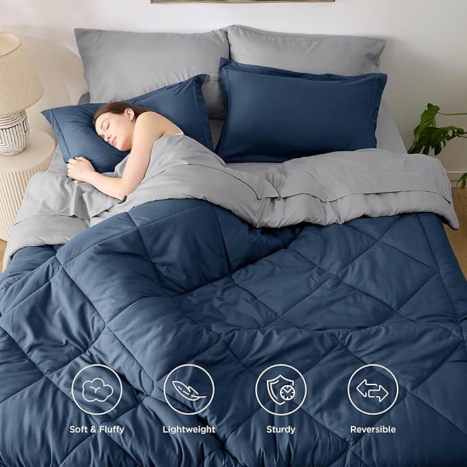 Bedsure King Size Comforter Set - 7 Pieces Reversible Navy Bedding, King Size Bed Set for All Seasons, Bed in a Bag with Down Alternative Comforter, Sheets, Pillowcases & Shams