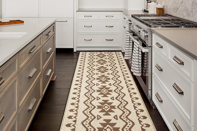 Custom Length Cut to Size Tribal Ethnic Southwestern Inspired Hallway Runner Rug, Non Slip Rubber Backed, 31 inch Wide X Customized Length, Aztec Beige, 31 inch X 14 feet