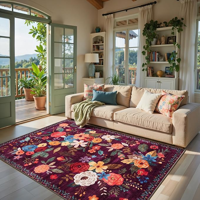 Purple Area Rug 5x7 for Living Room Bedroom | Ultra-Thin;Boho Style Low by WelcometoBabovid