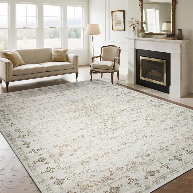 8x10 Washable Area Rugs for Living Room, Dining Room- Neutral Beige | Retro by Srugn