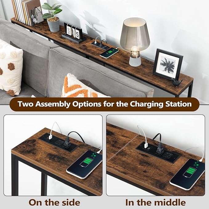 70.9'' Console Table with Power Outlet, Narrow Sofa Table, Industrial Entryway Table with USB Ports, Behind Couch for Entryway, Hallway, Foyer, Living Room, Rustic Brown CTHR18E01Z1
