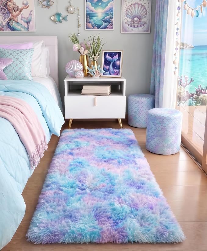Adorable Rainbow Rugs for Bedroom Girls 2x4 Ft, Soft Purple Shag Tent Rugs | by PAGISOFE