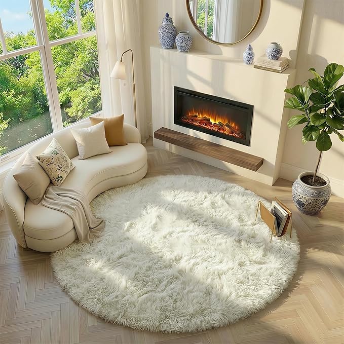 Amdrebio Cream Ivory White Large Round Area Rug 8Ft - Image 5