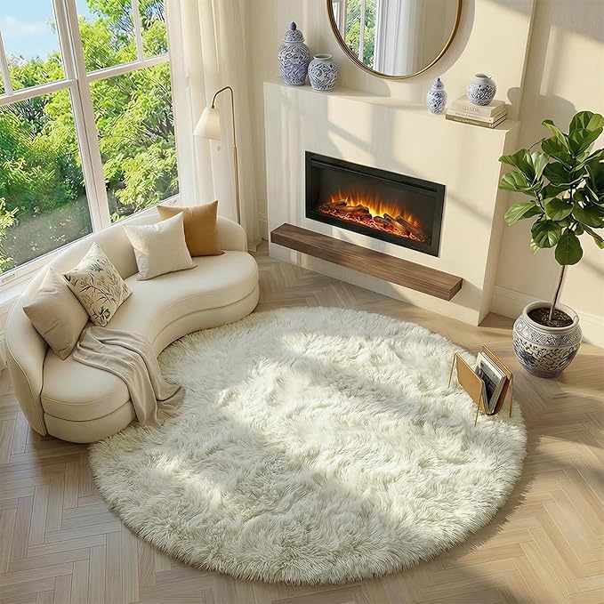Amdrebio Cream Ivory White Round Fuzzy Rug 4Ft - Image 3