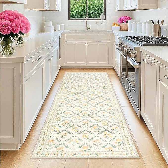 PLHXFR 2.6x8 Washable Runner Rug：Floral Indoor Kitchen Carpet Beige Multi | by PLHXFRSoftAreaRugs