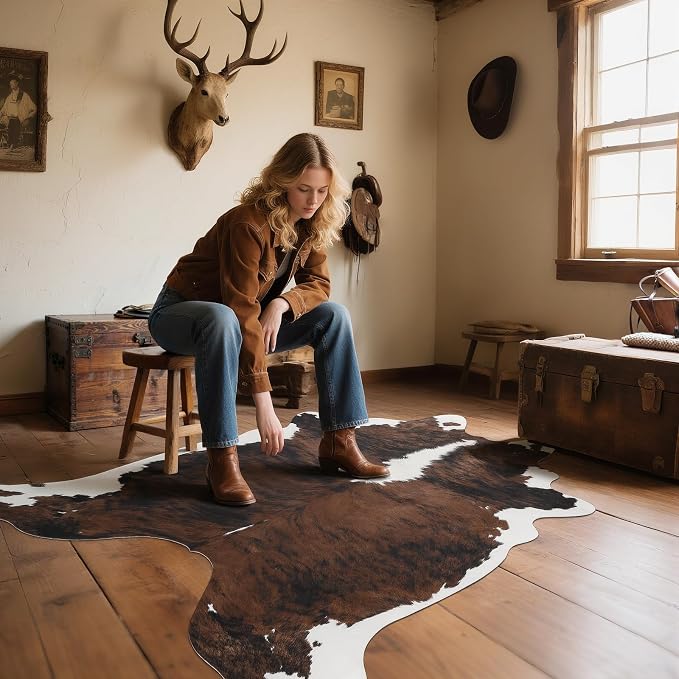 Faux Cowhide Rug, Animal Cow Hide Rug, 4.6 x 5.2 Ft Black and Brown | Premium - Image 4