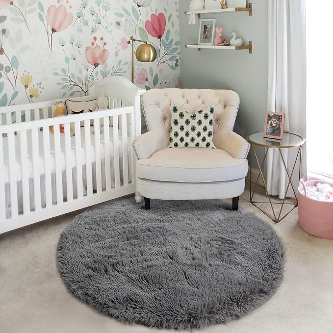 Amdrebio Grey Fuzzy Round Circle Rug 4Ft - Image 7