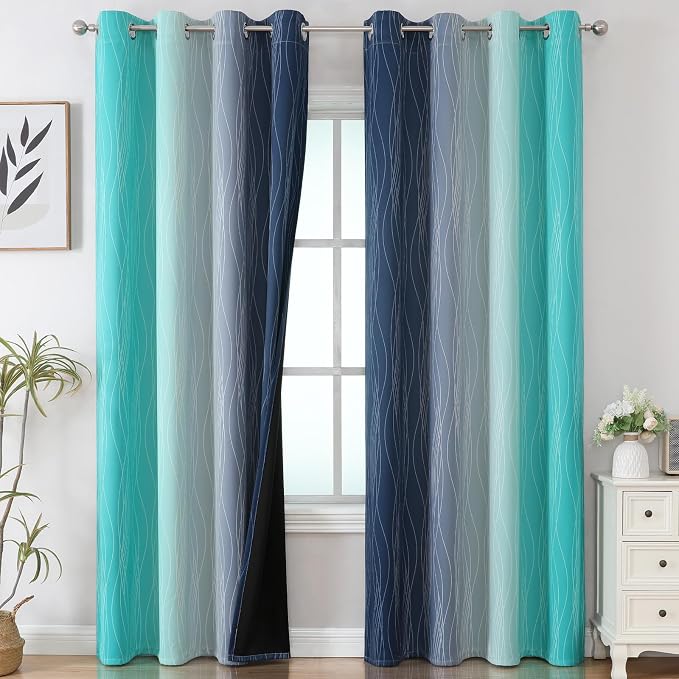 Navy Blue and Teal Gradient Blackout Curtains - Image 2