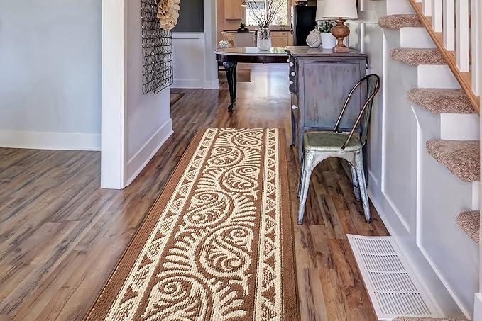 Custom Length Cut to Size Tribal Ethnic Southwestern Inspired Hallway Runner Rug, Non Slip Rubber Backed, 31 inch Wide X Customized Length, Mayan Brown, 31 inch X 10 feet