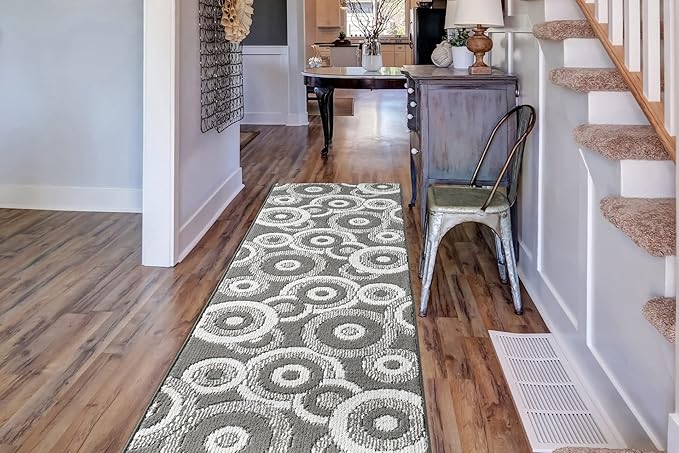 Custom Length Cut to Size Retro Modern Geometric Carpet Runner Rug for Hallways, Non Slip Rubber Backed, 31 inch Wide X Customized Length, Geo Grey, 31 inch X 5 feet