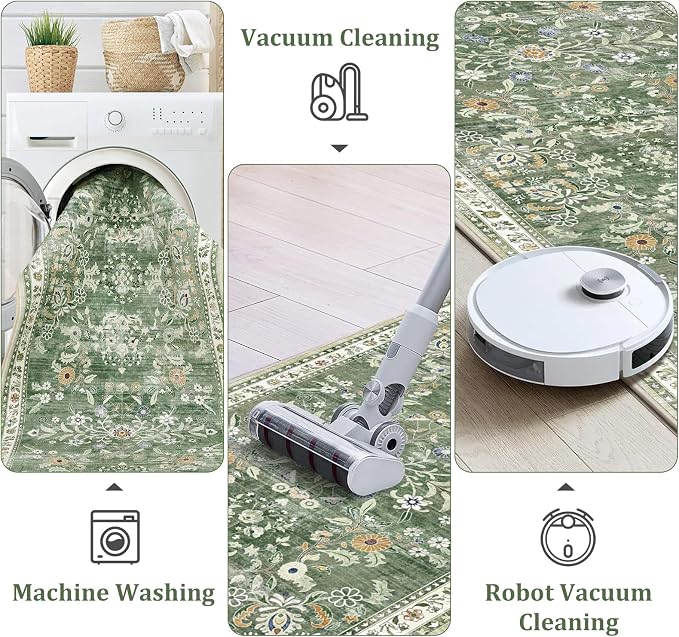 Yamaziot 2x3+2x5Ft Washable Kitchen Rug Set of 2 Non Slip, Sage Green | Soft - Image 5