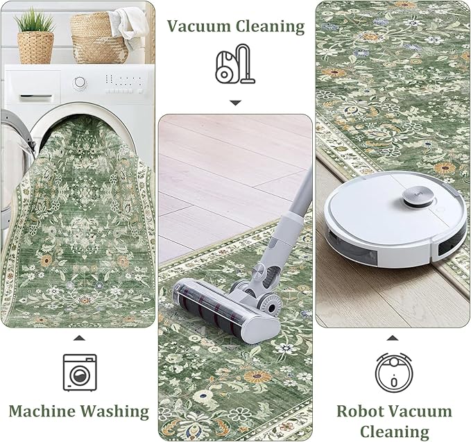 Yamaziot 2x10 Washable Hallway Runner Rug Non Slip Floral Carpet, Sage Green | - Image 4