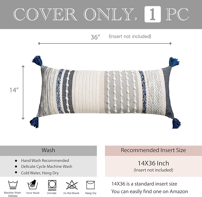 Navy Dark Blue Boho Decorative Lumbar Pillow Cover 14x36, Long Body Pillow - Image 6
