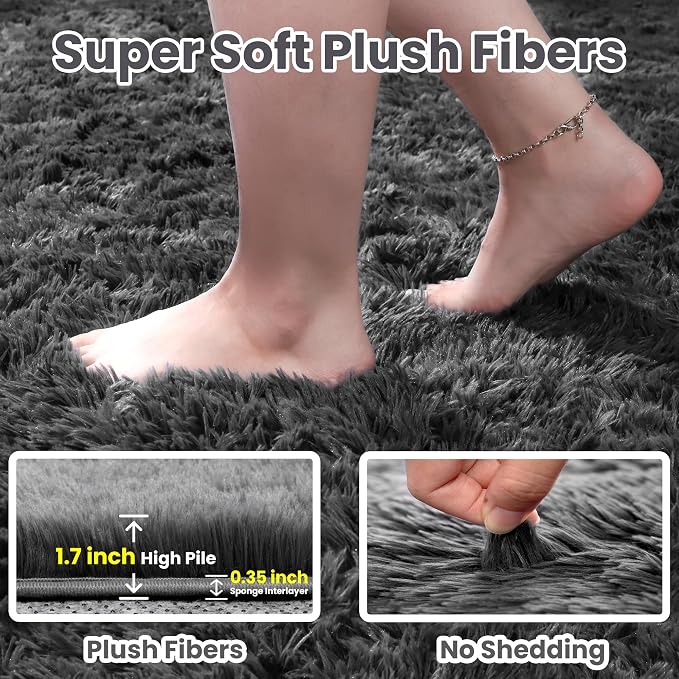 2x6 Fluffy Shag Area Rugs for Living Room Bedroom: Soft Plush Carpet Grey | - Image 4