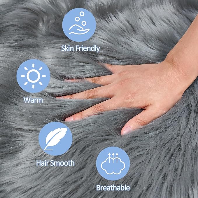 Faux Fur Grey Round Rugs 3ft for Bedroom, Small Fluffy Fuzzy Circle Rug Furry - Image 5