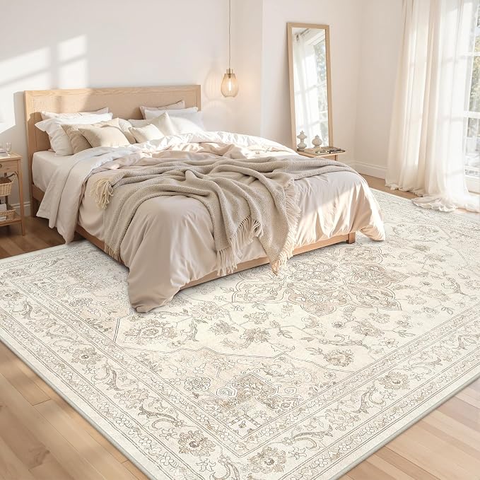 10x12 Area Rugs Living Room: Bedroom Washable Carpet Beige White | Vintage Boho - Image 2