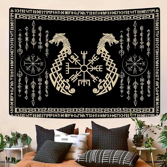 OSUNBD Viking Dragon Tapestry Ancient Rune Dragon Totem Norse Mythology Wall Art Tapestries Black Mystical Geometric Norse Mythology Tapestry Large Size 78.7”x59.1” for Bedroom Living Room Dorm