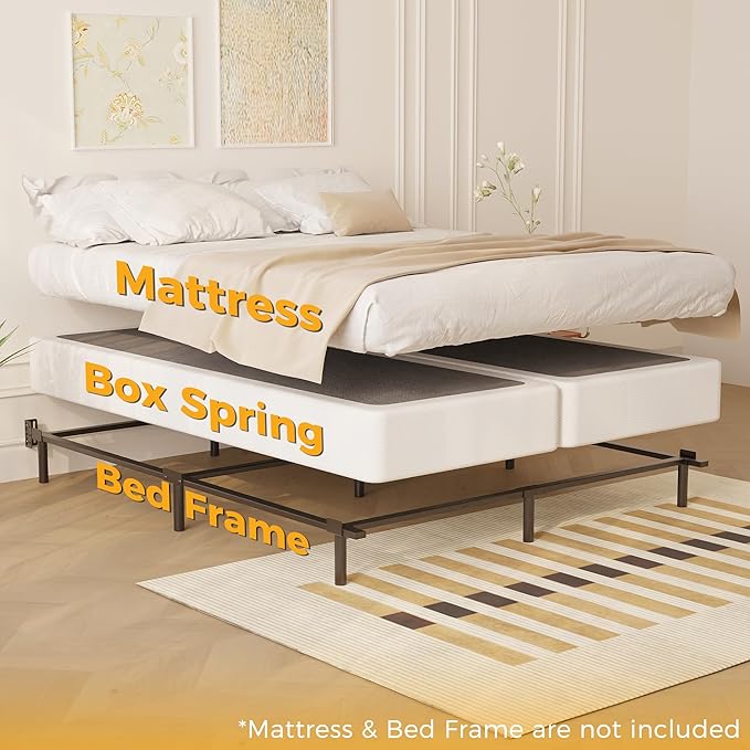 Split Queen Box Spring 5 Inch, Easy Assembly Bed Foundation, Heavy Duty Low Profile Metal Box Spring for Queen Bed with Fabric Cover, Noise Free