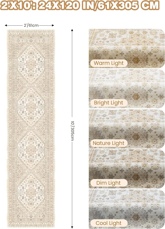 Runner Rug 2x10, Washable Rugs for Entryway Rug, Cream/Beige | Non Slip Kitchen - Image 2