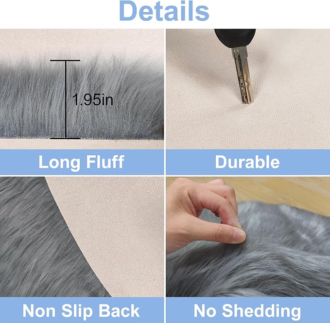 Faux Fur Rug, 5x5 Feet Grey Round Rugs - Image 6