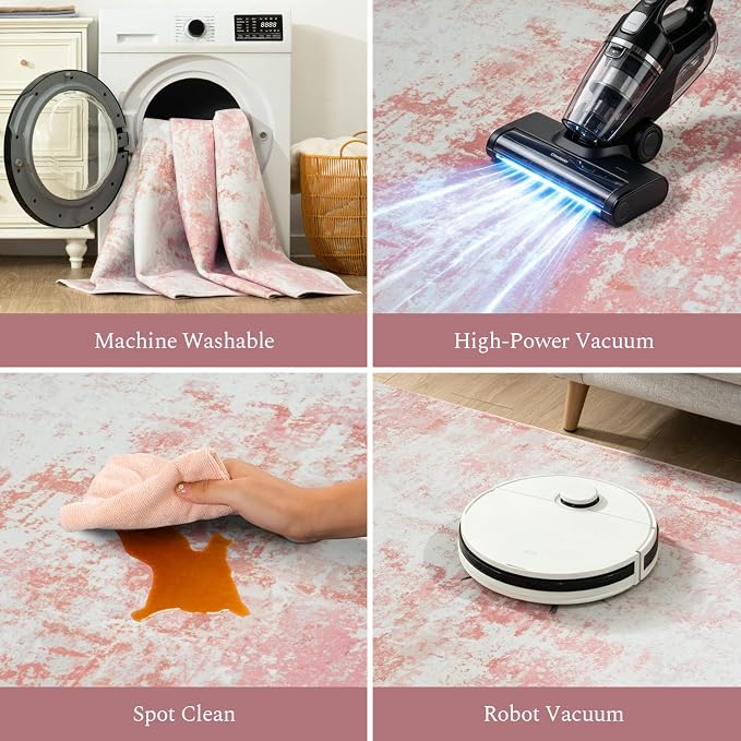 Rugflix 5x7 Area Rugs for Living Room, Washable Pink White Large Rug | Machine - Image 5