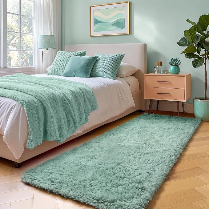 Sage Green Runner Rugs for Kids Bedroom Living Room Plush Fluffy Rug 2x6 Ft | - Image 3