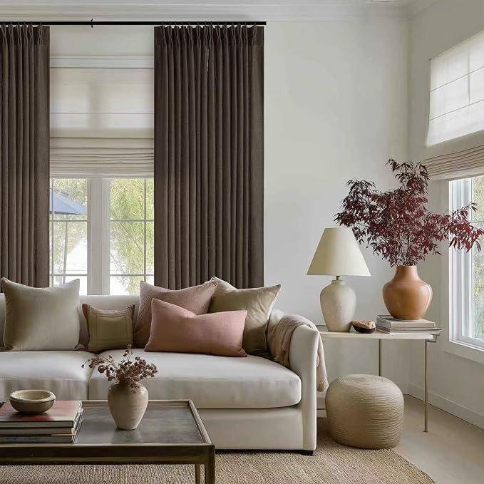 Dark Chocolate 108 Inch Pinch Pleated Semi Sheer Linen Curtains 2 Panels | - Image 6