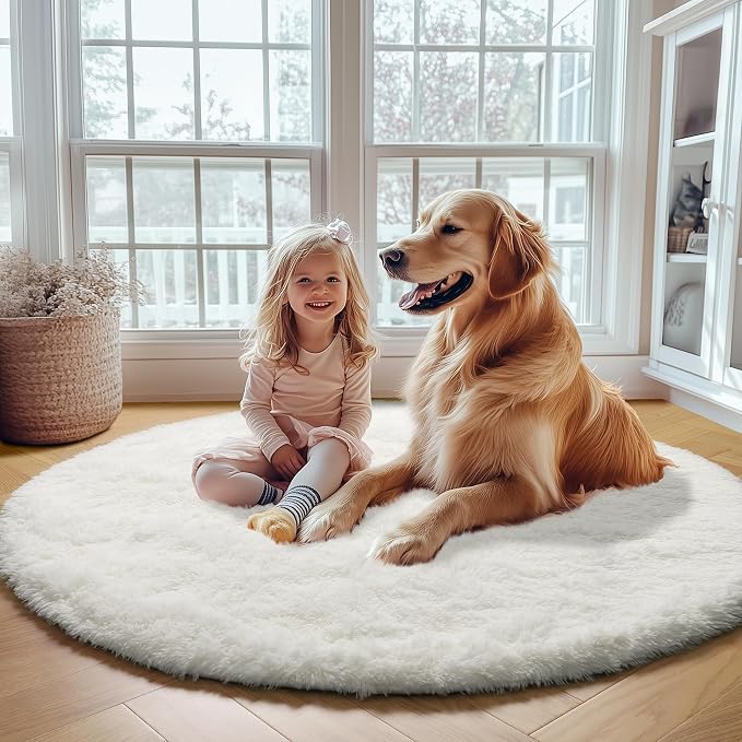 Cream White Round Area Rugs 6ft, Fluffy Soft Bedroom Circle Rug Floor Mat - Image 9