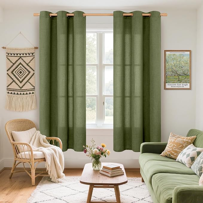YoungsTex Olive Linen Curtains 63 Inch Length 2 Panels - Image 2