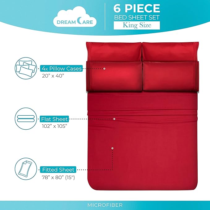 DREAMCARE King Size Sheets Set – 6 pcs Cooling Bed Sheets – up to 15” Deep Pocket King Sheet Set – 2500 Supreme Collection – Extra Soft 100% Brushed Microfiber Hotel Luxury with Side Pocket – Burgundy