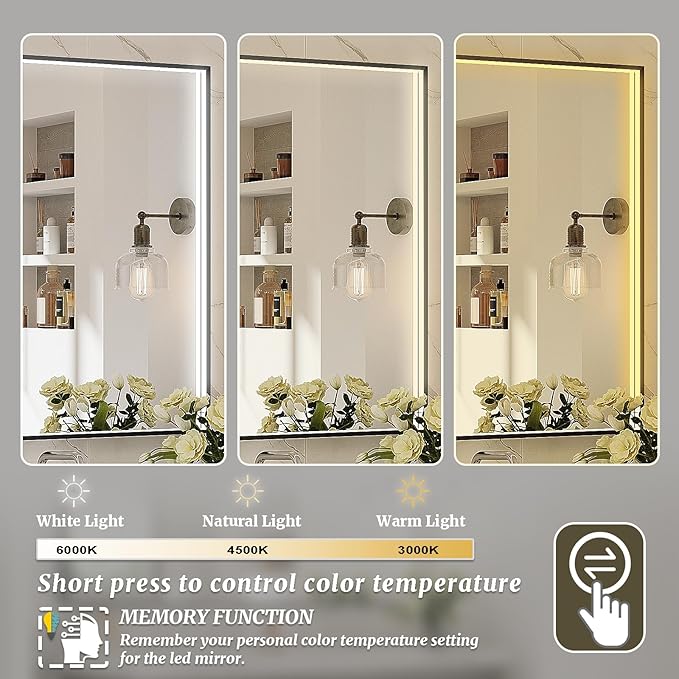 55x32 Inch LED Bathroom Mirror, Black Metal Framed Lighted Mirror for Bathroom, Wall Mouted LED Vanity Mirror with Lights, 3 Colors and Stepless Dimmable, Anti-Fog, Memory