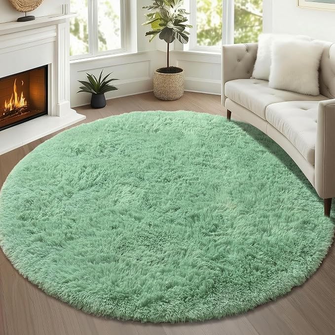 Sage Green Round Area Rugs 5ft, Fluffy Soft Bedroom Circle Rug - Image 3