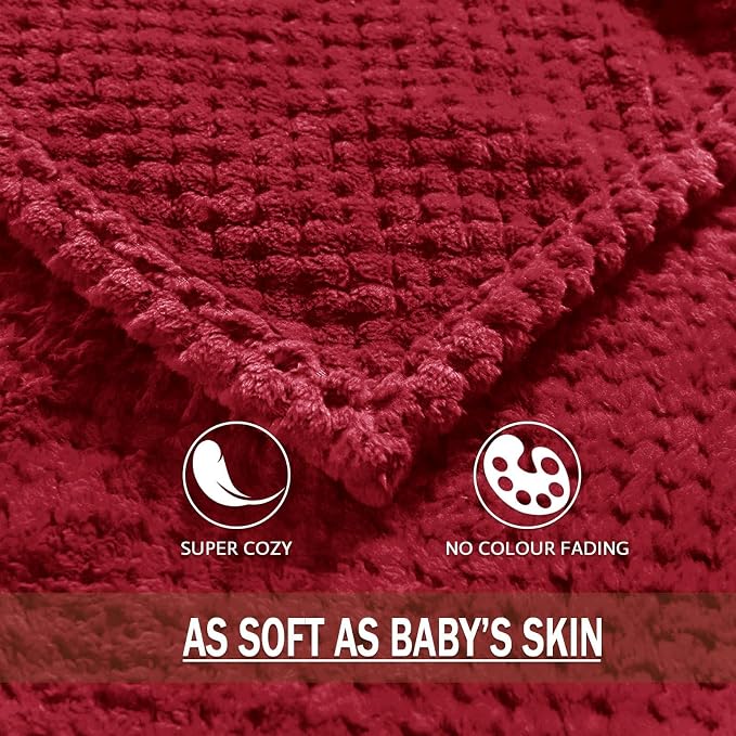 Exclusivo Mezcla Soft Waffle Fleece Bed Blanket Queen Size, Deep Red | - Image 8