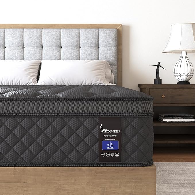King Mattress, 14 Inch Hybrid Mattresses Black Euro Top Medium Firm for Back & Lumbar Support, 100 Night Trial, Individual Pocket Spring Bed for Motion Isolation & Pressure Relief