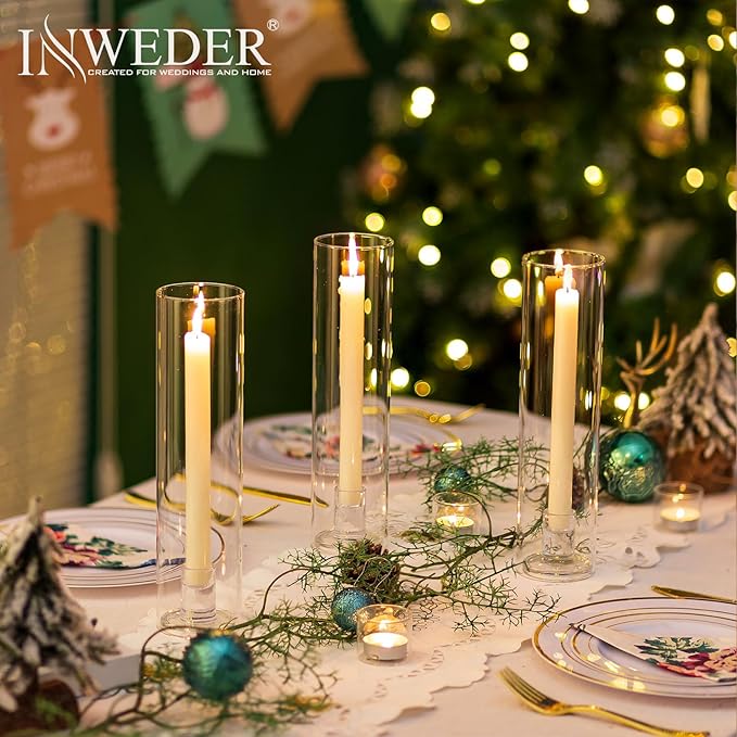 Glass Hurricane Candle Holder: 11.8" Tall Candlestick Holder Bulk with Cylinder Windproof Cover Set of 10 Clear Taper Candle Holders for Wedding Party Birthday Christmas Decor