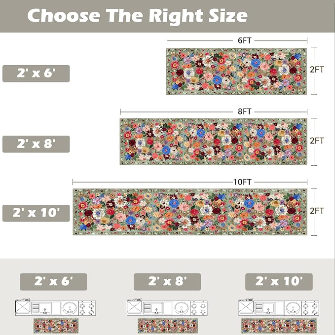 Floral Hallway Runner Rug 2x6 for Bedroom Kitchen | Rubber Backing; Non Slip; - Image 2