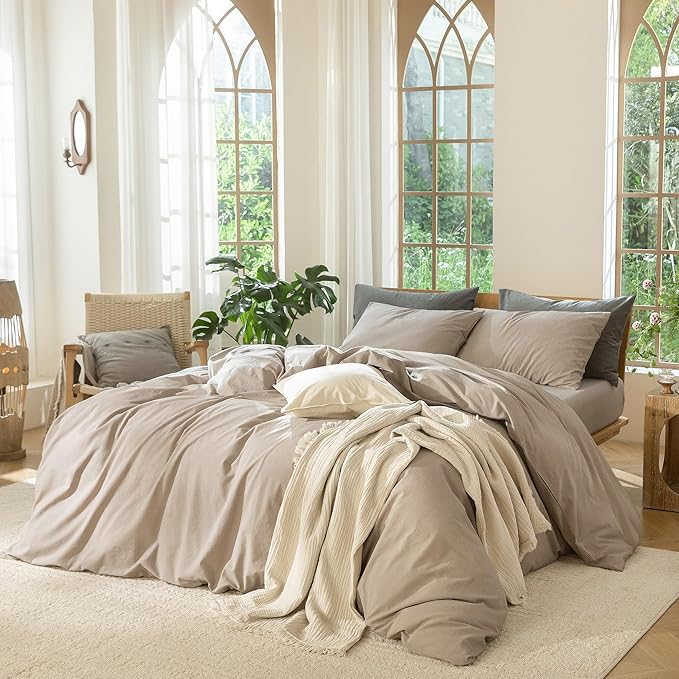 MooMee Bedding Duvet Cover Set 100% Washed Cotton Linen Like Textured Breathable Durable Soft Comfy (Heathered Taupe, Twin 68"x90")