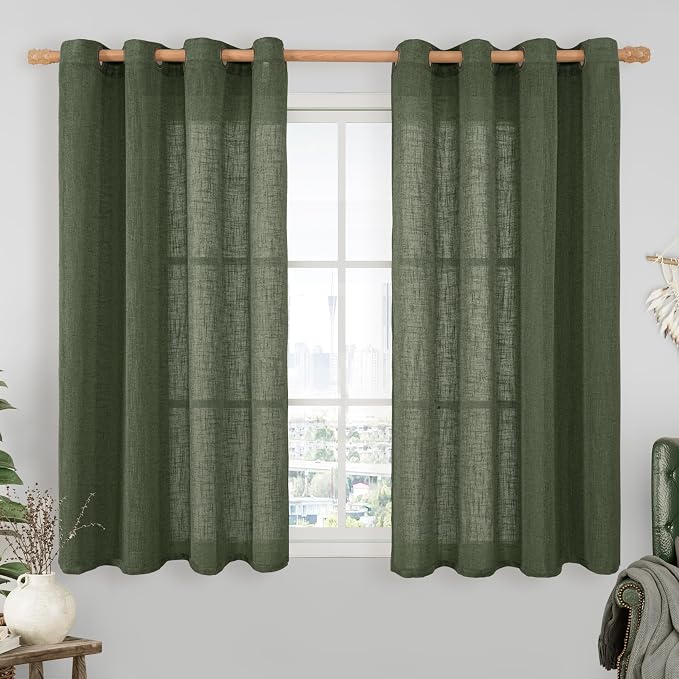 Olive Green Linen Semi Sheer Curtains 45 Inch by LAMIT