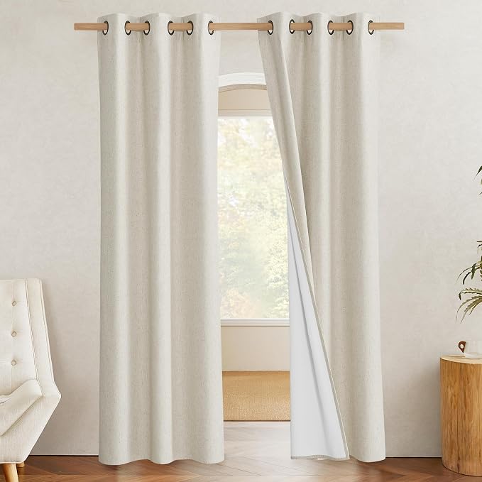 NICETOWN Natural Full Blackout Boho-Chic Linen Curtains 90 inch Long 2 Panels - Image 2