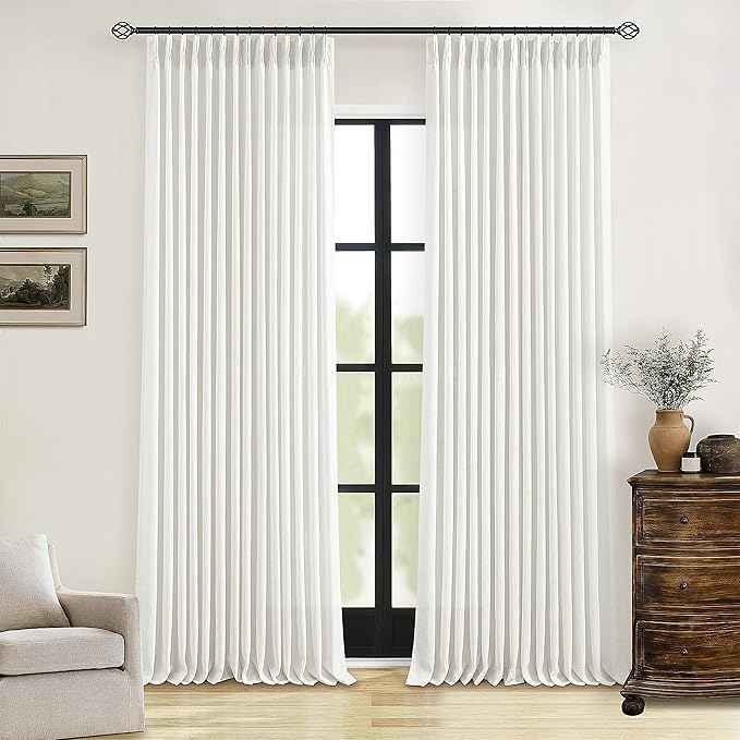 Beige White Pinch Pleated Linen Curtains 2 Panels 100 Inches Long | Memory by Twodrapes